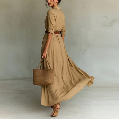 khaki waist slim V-neck dress