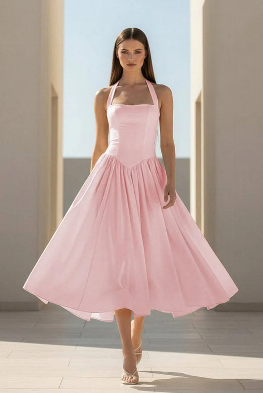 pink Halter Strappy Backless midi Dress