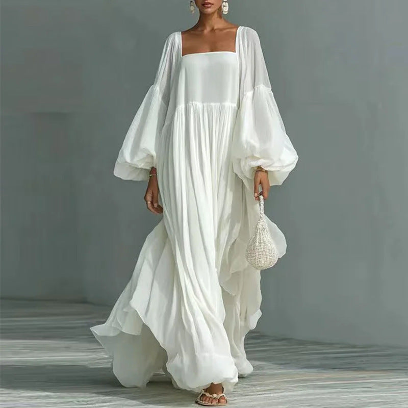 white square neck lantern sleeve dress
