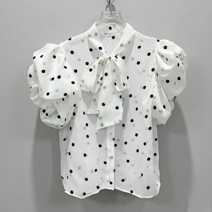 3D bow-tie puff sleeve polka dot sheer shirt
