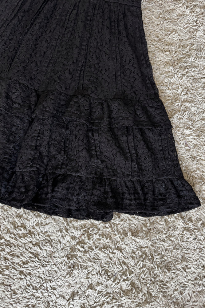 BLACK LACE RUFFLED CINCHED WAIST SLIP DRESS
