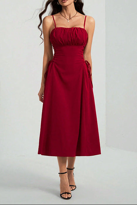 red Waist-cinching sleeveless suspender dress