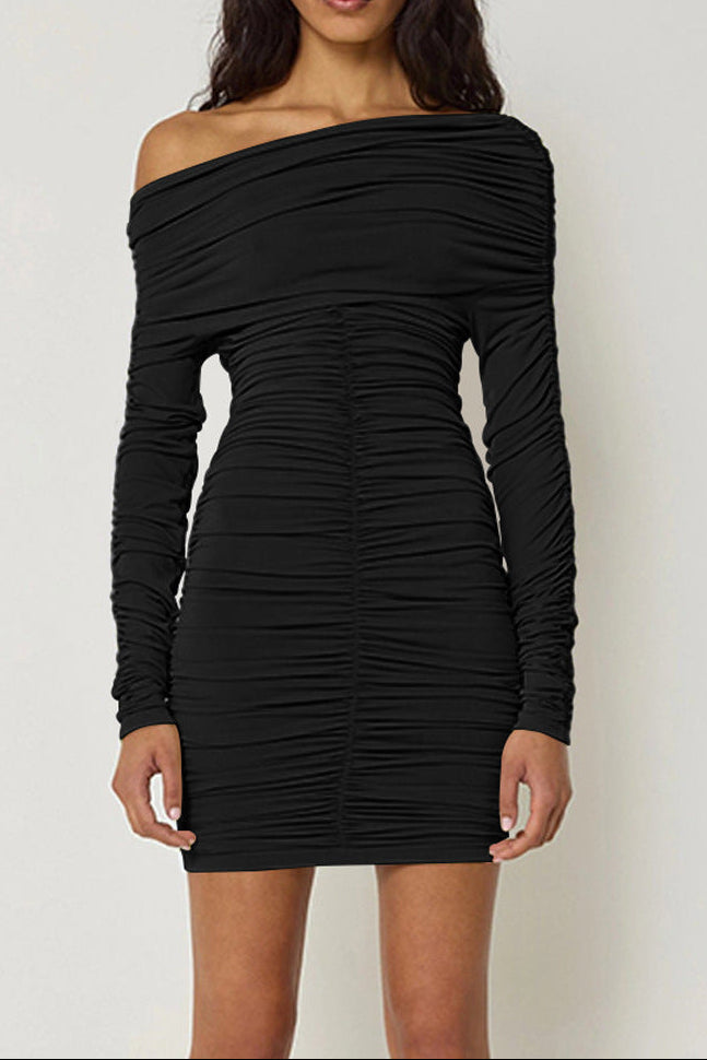 black Off-the-shoulder long sleeve  pleated bodycon mini dress