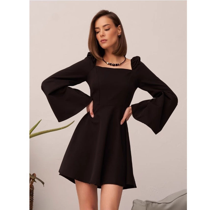 black square neckline puff sleeve mini dress