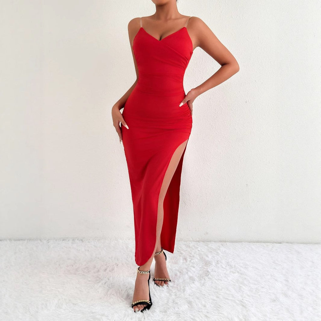 red V-neck backless slit halter dress