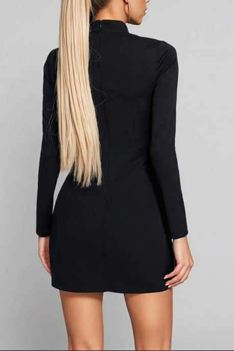 black cut-out hip wrap mini dress
