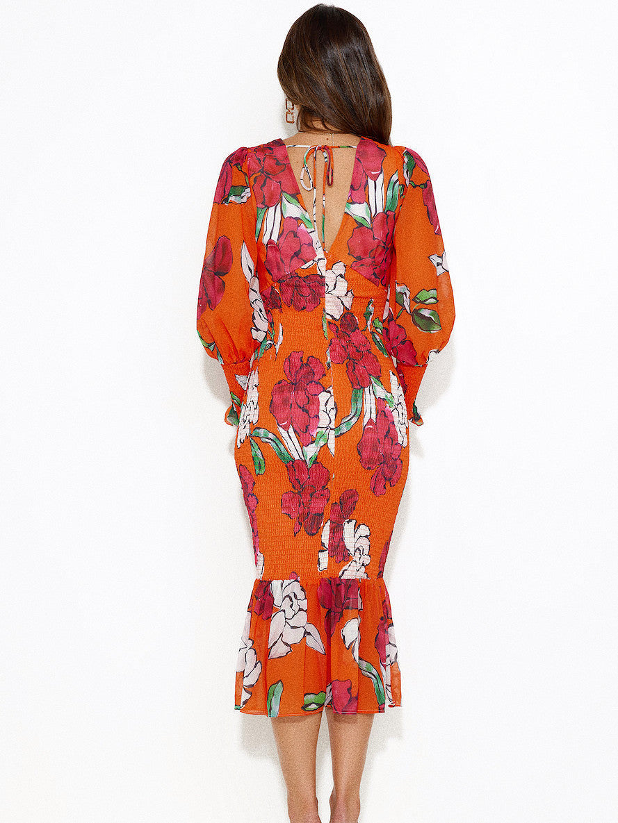 floral V-neck backless waist-cinching mermaid dress