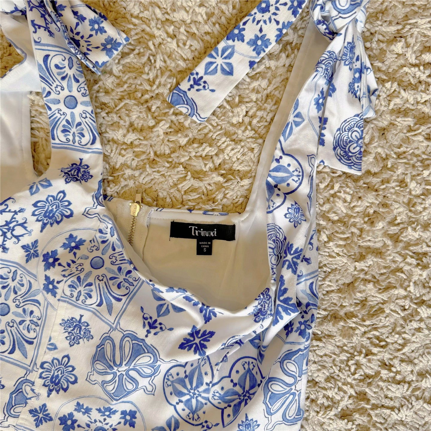 blue and white printed bow high-waisted short vest