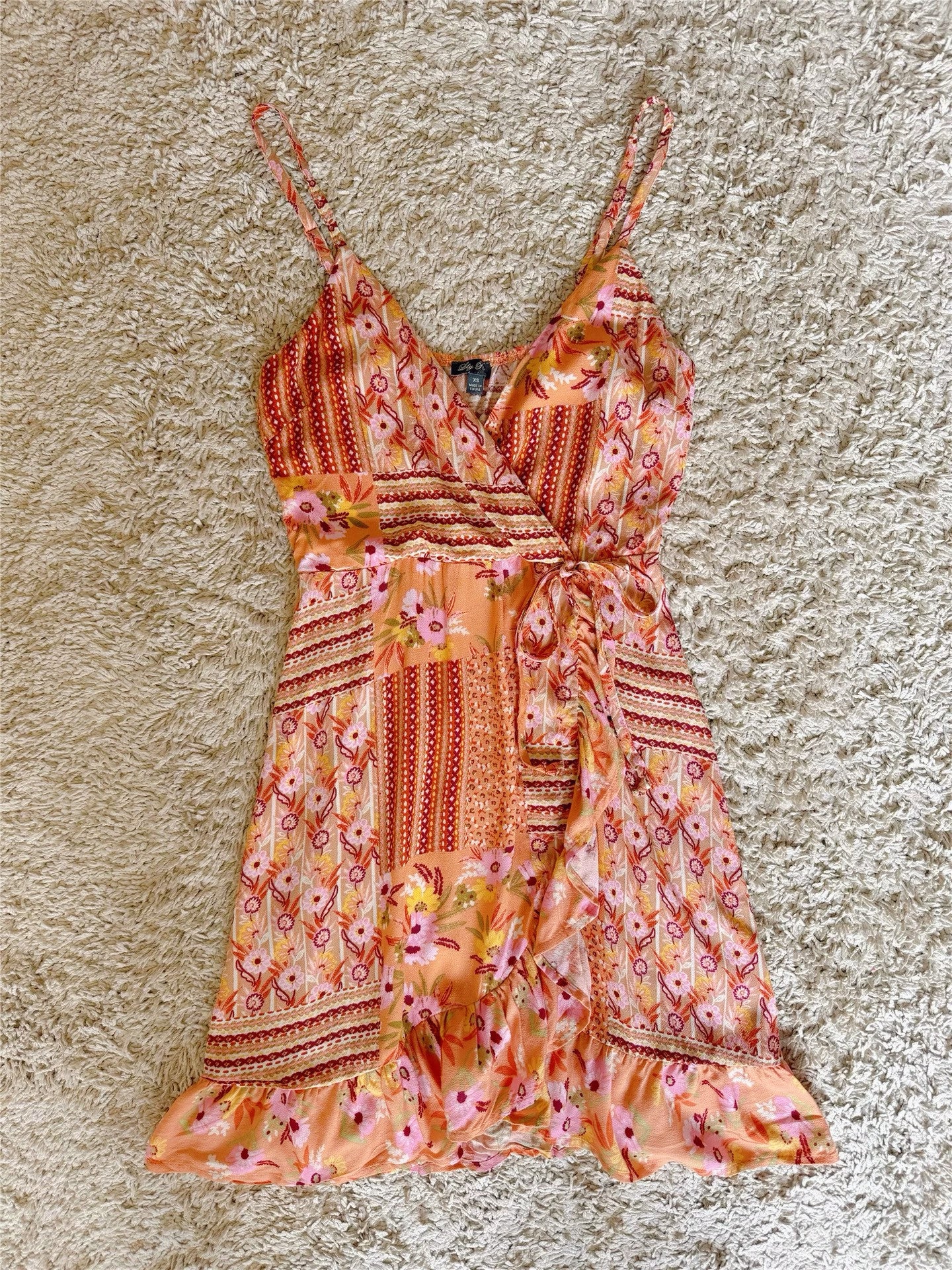 floral ruffle side tie V-neck slip dress