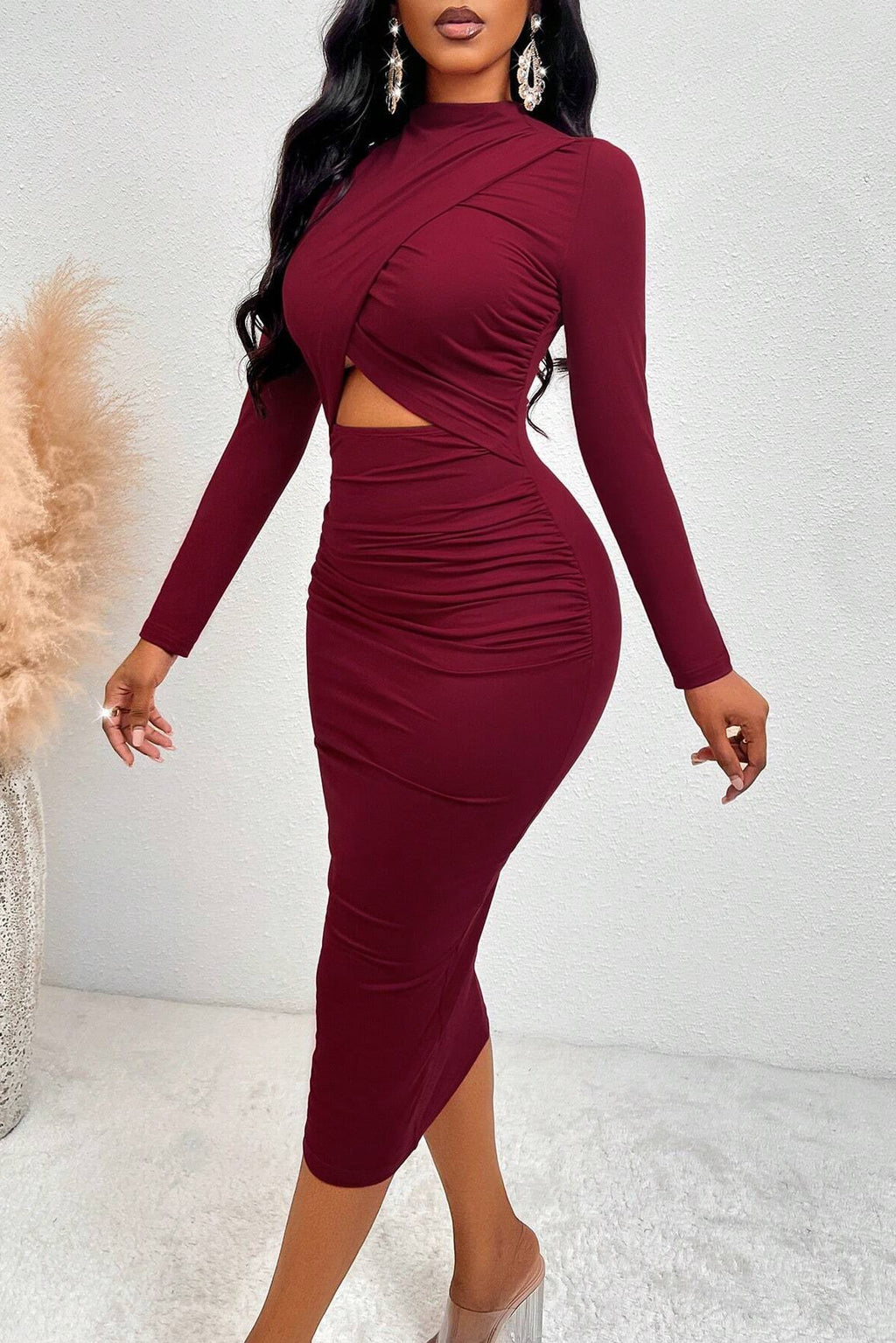 norma red Hollow-out long-sleeved bodycon dress