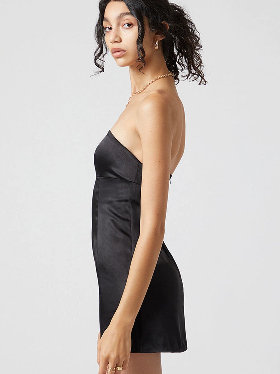 black satin three-dimensional mini dress