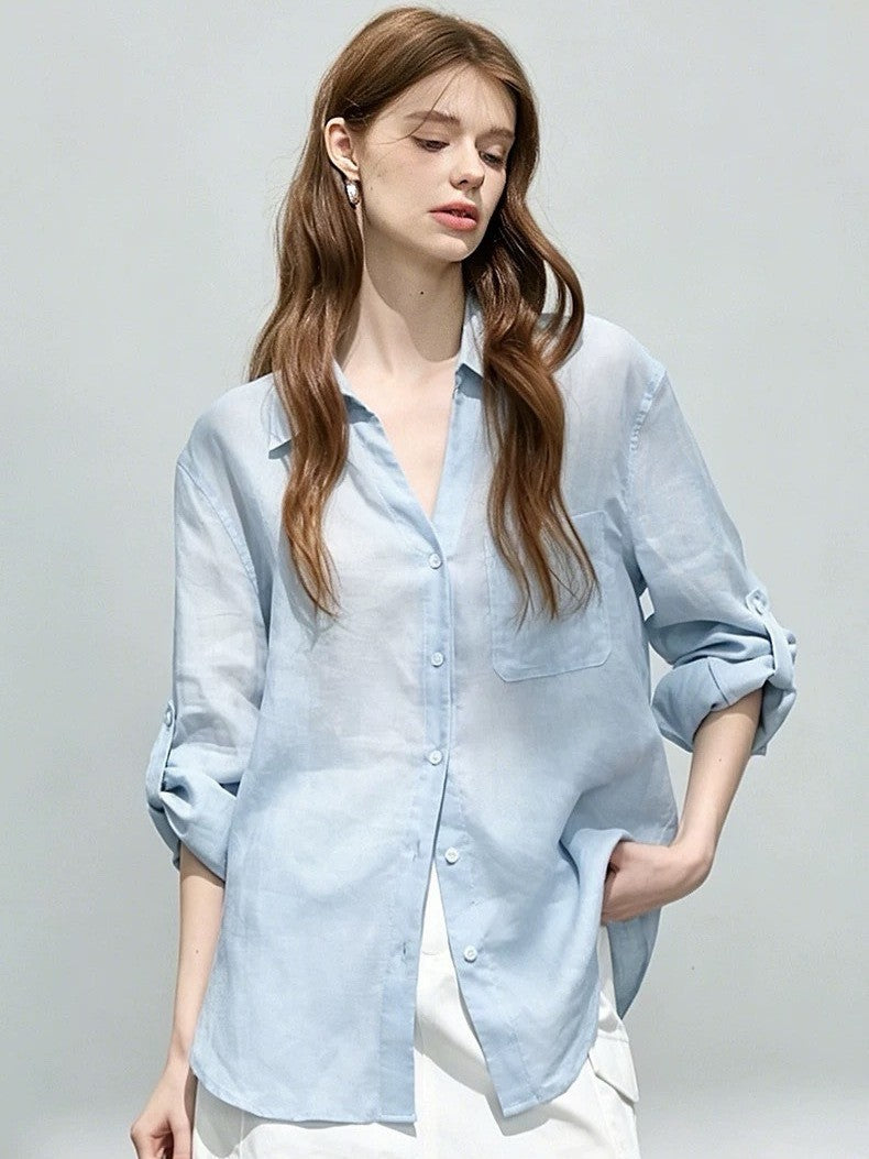 Loose-fitting lapel ramie long-sleeve shirt