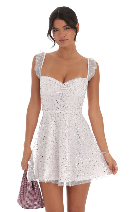 Sequin Tulle Skater Mini Dress with Ruffled Straps