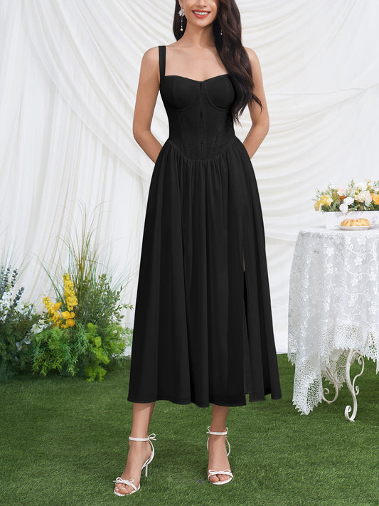 black print high slit open back midi dress