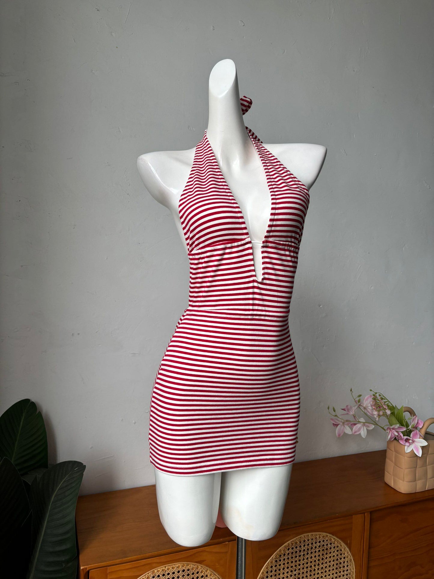 red and white striped halterneck suspender dress