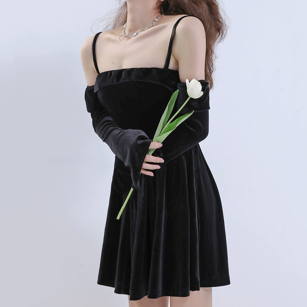 black Velvet Neckline mini Dress