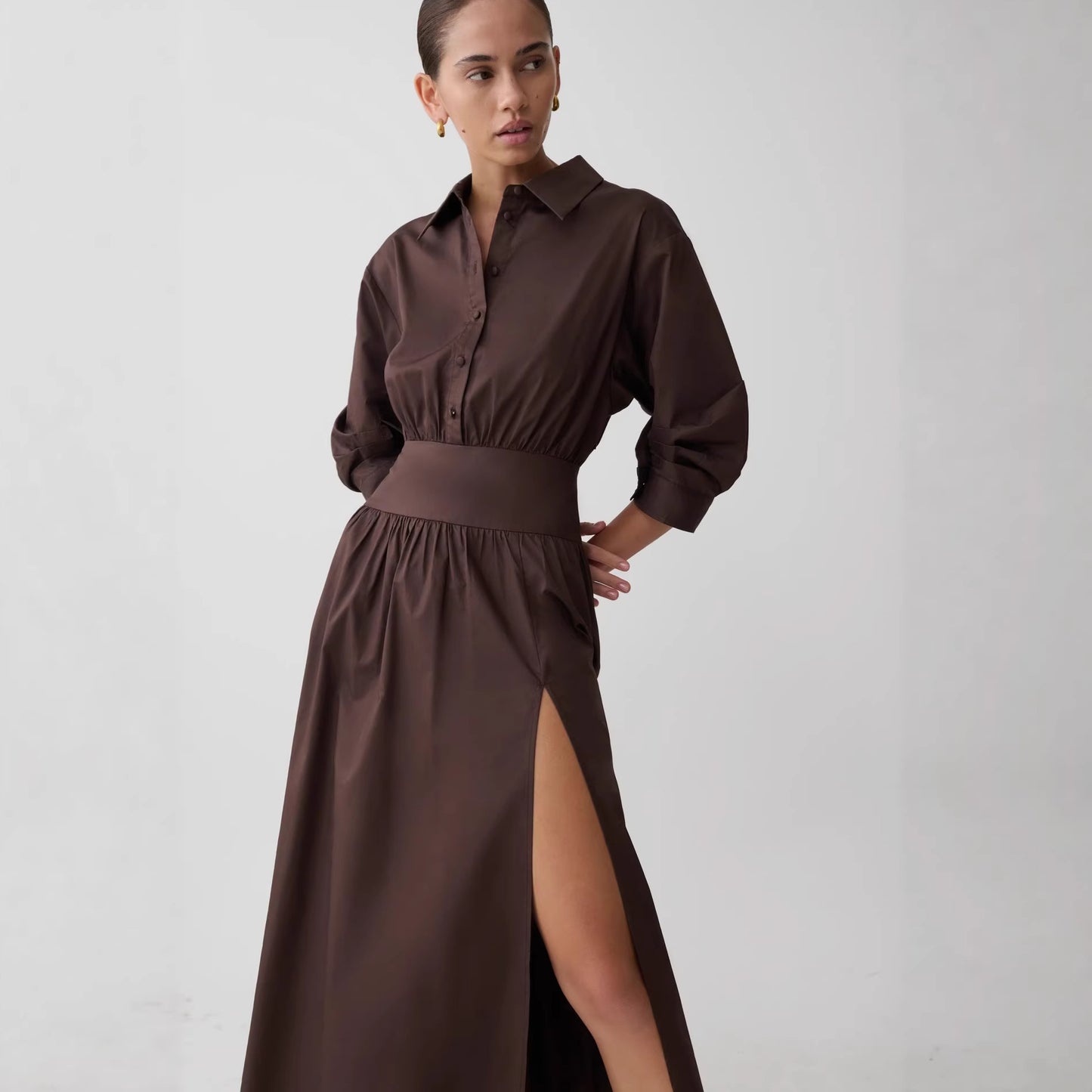 brown Waist Design Slit dress