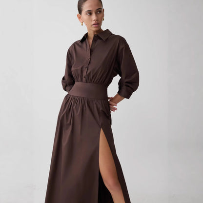 brown Waist Design Slit dress