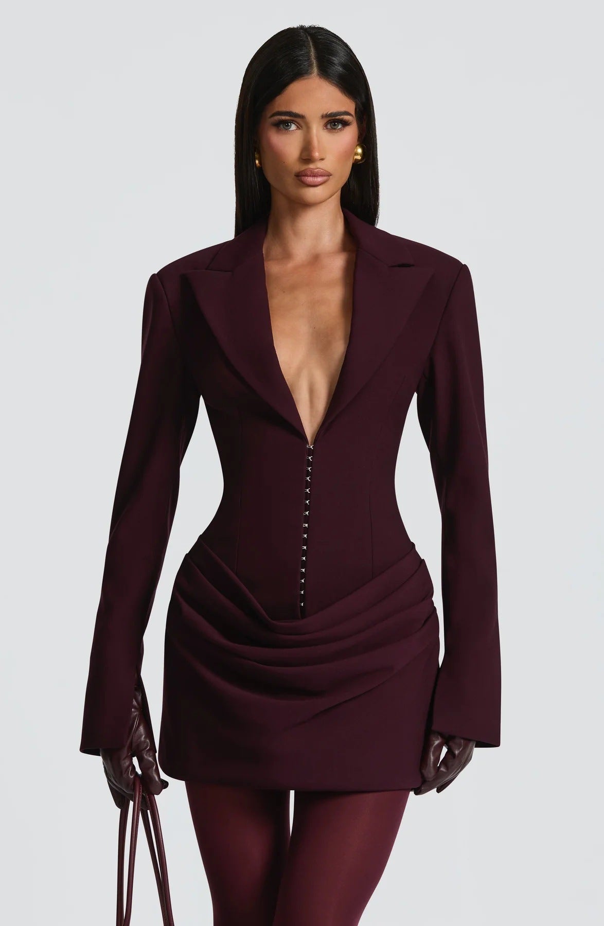red deep V long sleeve mini dress