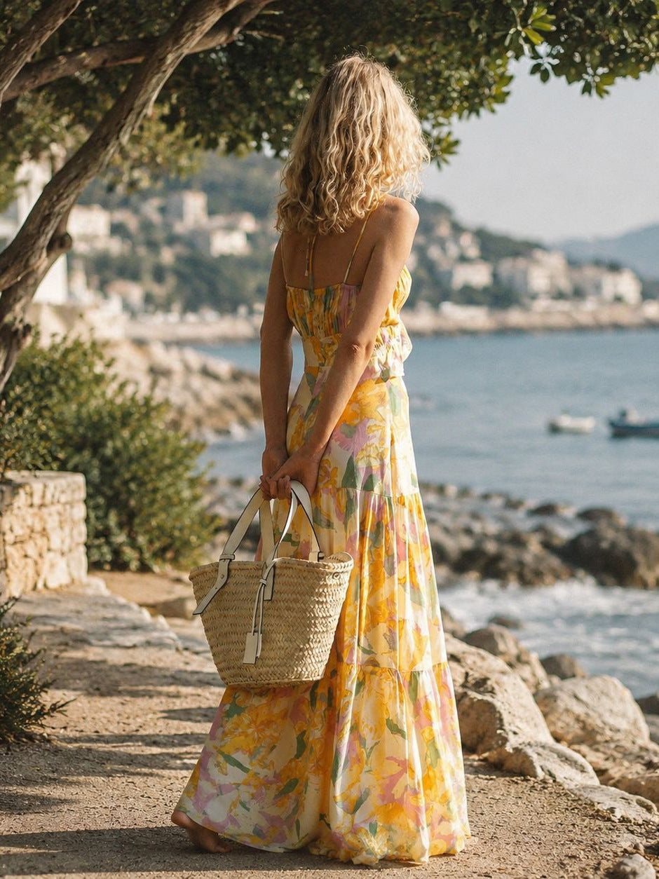 Cross-strap floral print cutout maxi dress - yellow