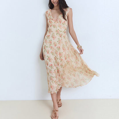 V-neck floral lace-up slim dress
