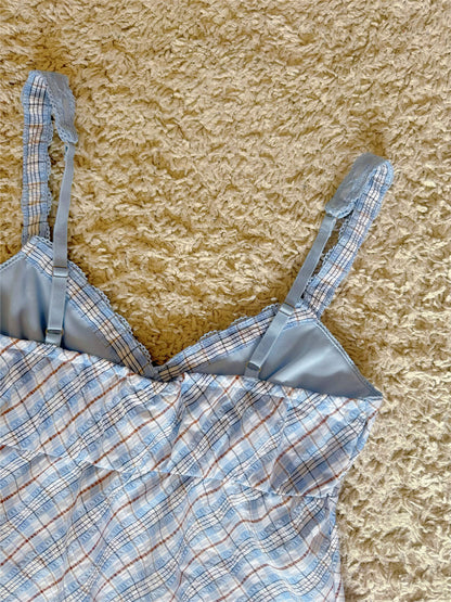 plaid ribbon bow V-neck camisole top