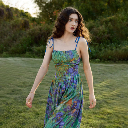 green suspender flower waist dress