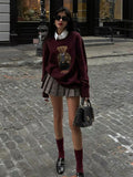 Burgundy retro bear embroidery loose pullover sweater