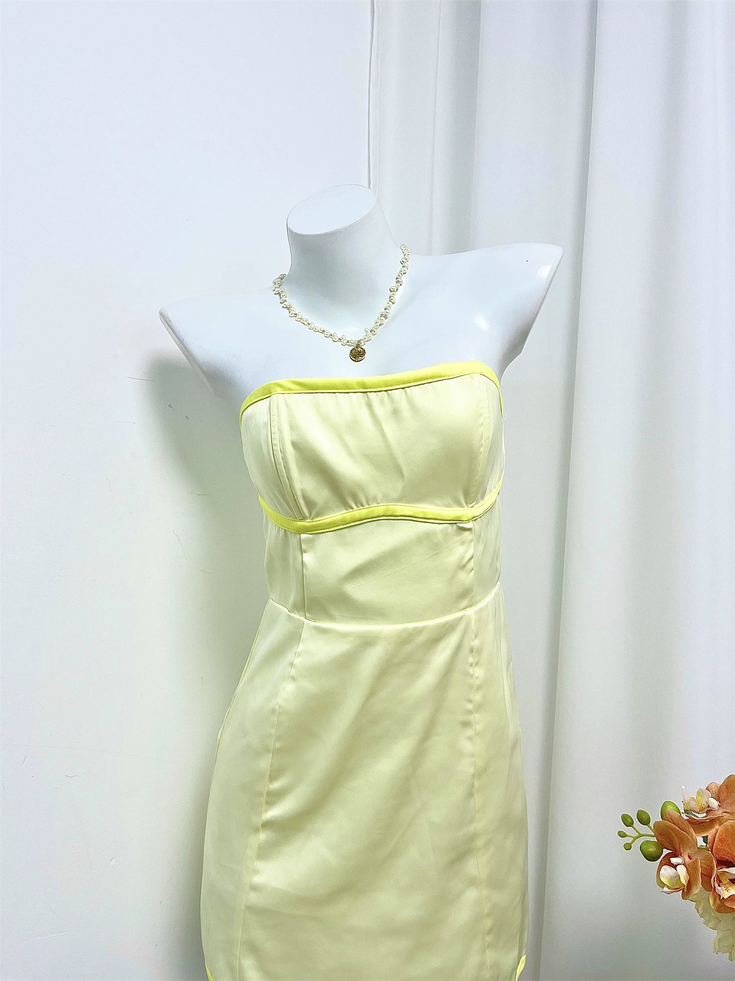 yellow satin bandeau mini dress