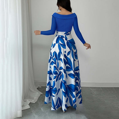 blue print long sleeve waist maxi dress