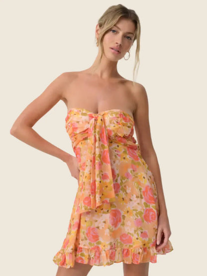 Floral print strapless chiffon ruffled mini dress