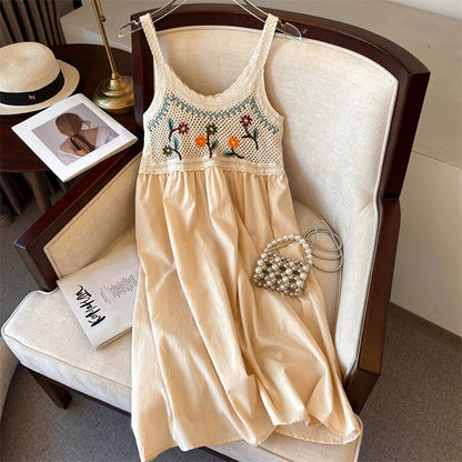 Hollow-out embroidered camisole midi dress