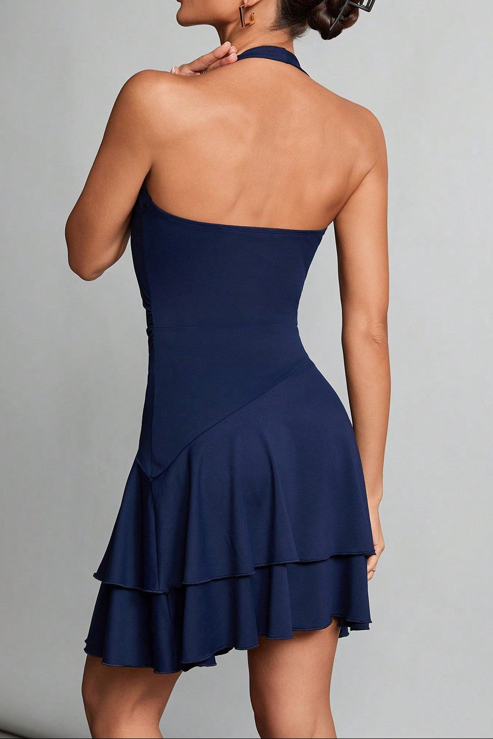 blue halter neck backless ruffle mini dress