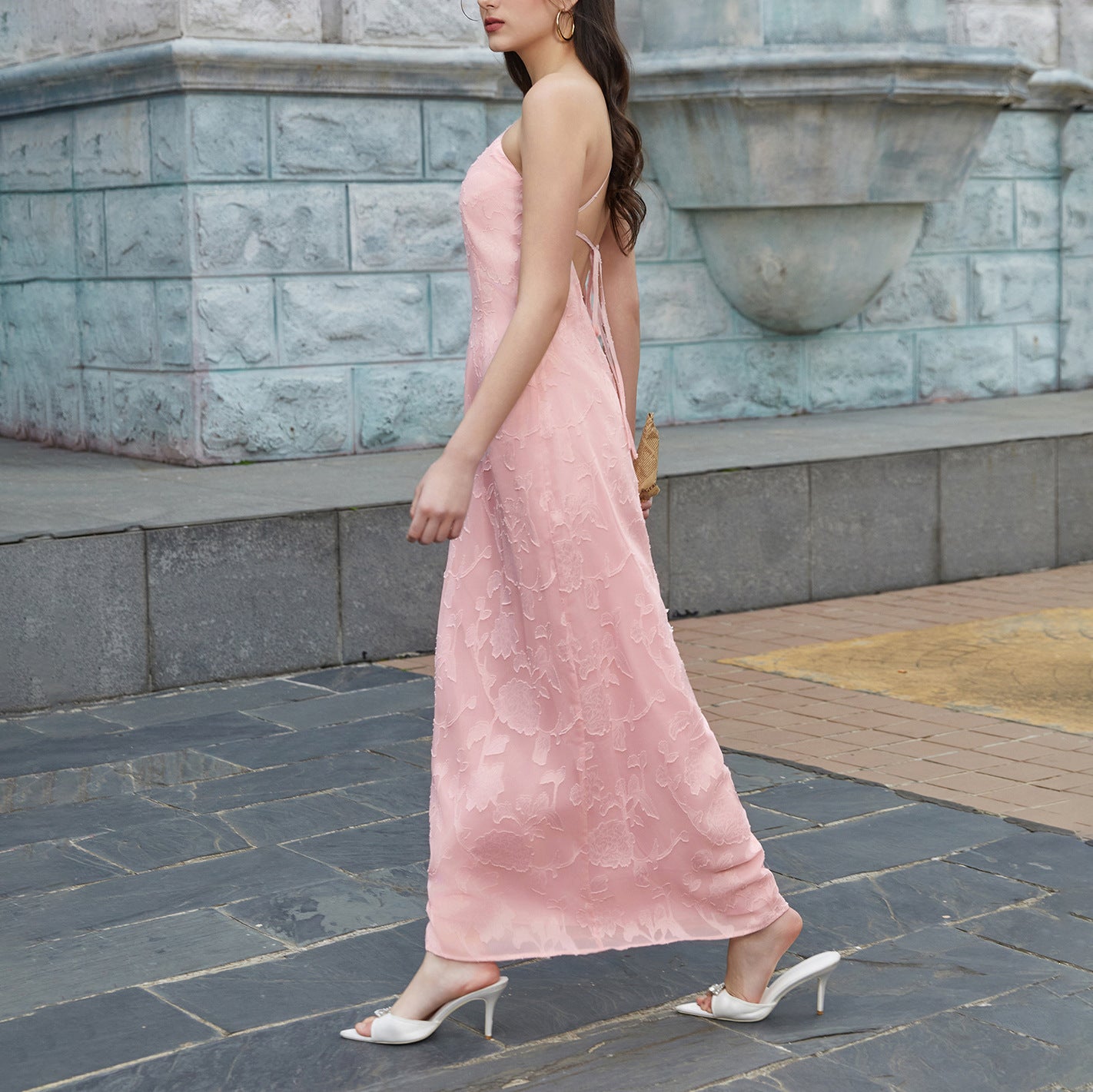 pink Jacquard Backless Tie Crossbody One-Shoulder  Dress