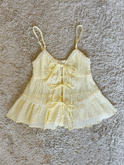 Front Multi-Tie Lace Trim Tiered Cami Top