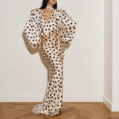 polka dot V-neck puff sleeve waist long skirt set