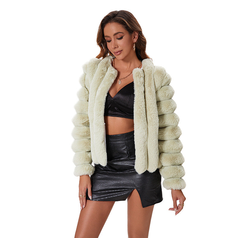 rabbit fur crew neck cropped coat