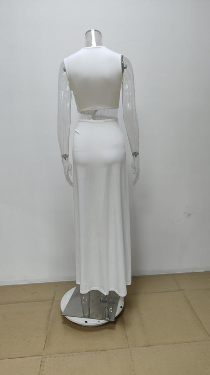 white Cutout Knot Slit V-Neck Sleeveless Pleated Irregular Dress