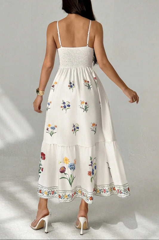 white Suspender Print Waist Open Back dress