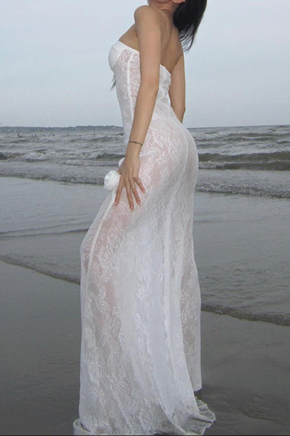 Sheer lace strapless dress with three-dimensional floral fishtail skirt - white