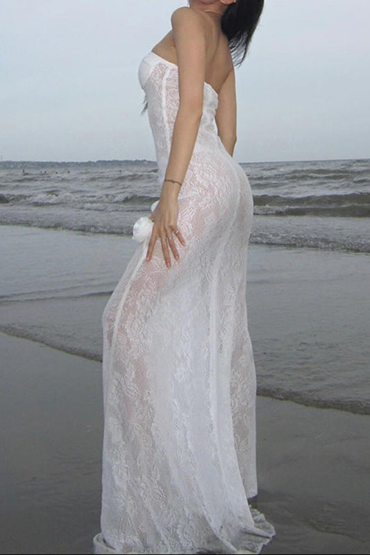 Sheer lace strapless dress with three-dimensional floral fishtail skirt - white