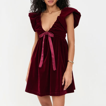 red V-neck bow gold velvet dress