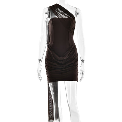 brown Bandeau Streamer Pleated mini Dress