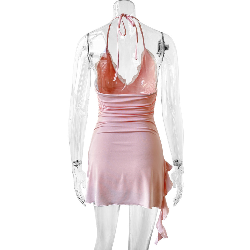 pink lace V-neck ruffled hem slip dress