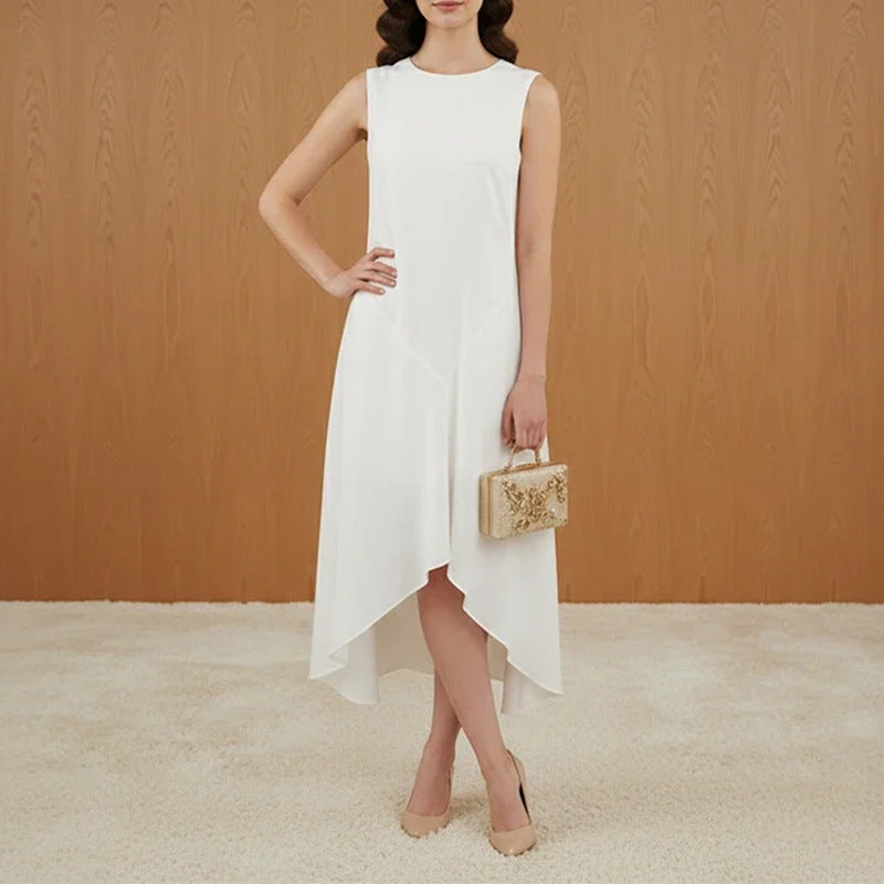 white crew neck sleeveless irregular dress