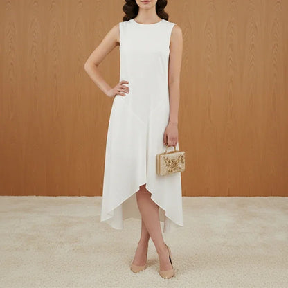 white crew neck sleeveless irregular dress