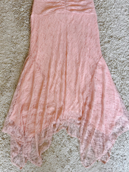Bow Strap Ruched Lace Mermaid Midi Dress