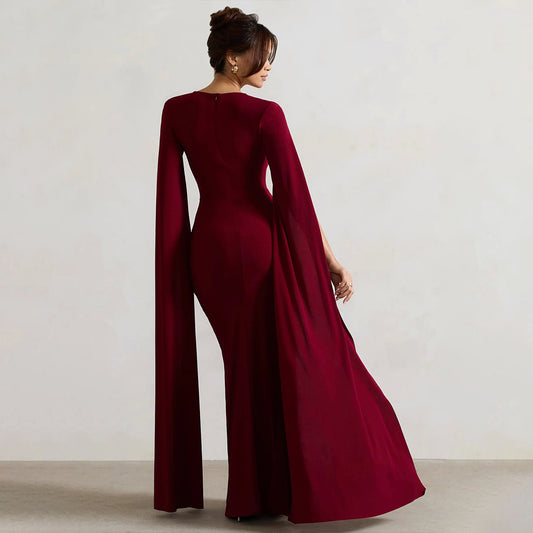 red square neck long sleeve high slit dress