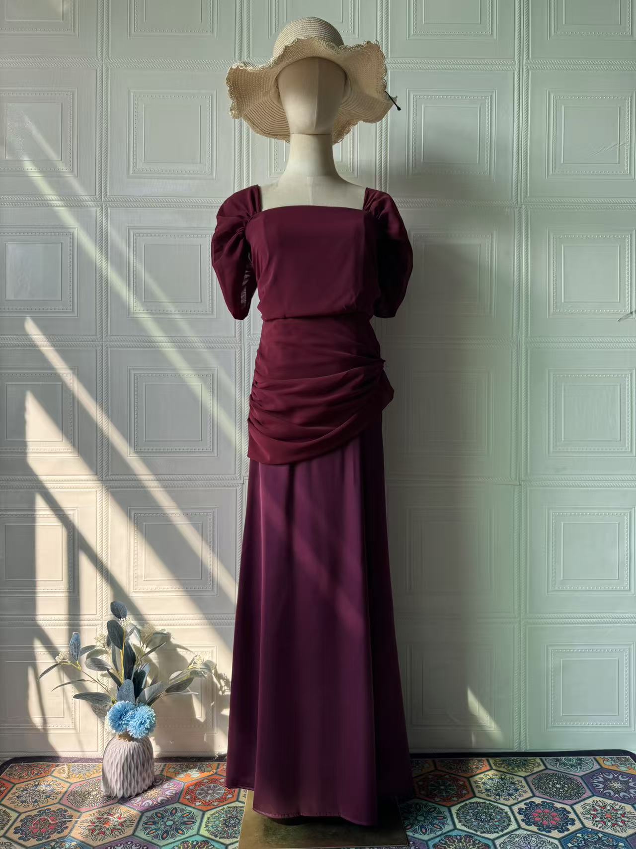 purple short-sleeved maxi dress