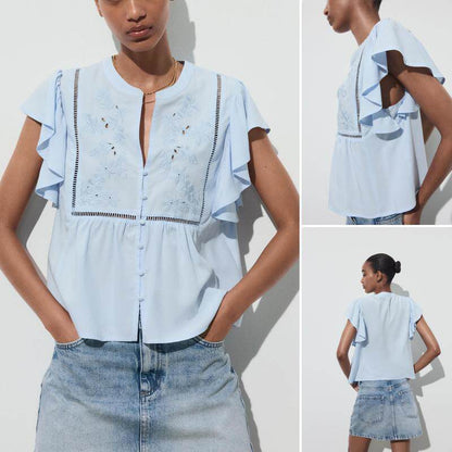 blue Hollow Embroidered Layered Lapel Short-Sleeve Shirt